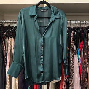 Zara Teal Satin Button Down Shirt